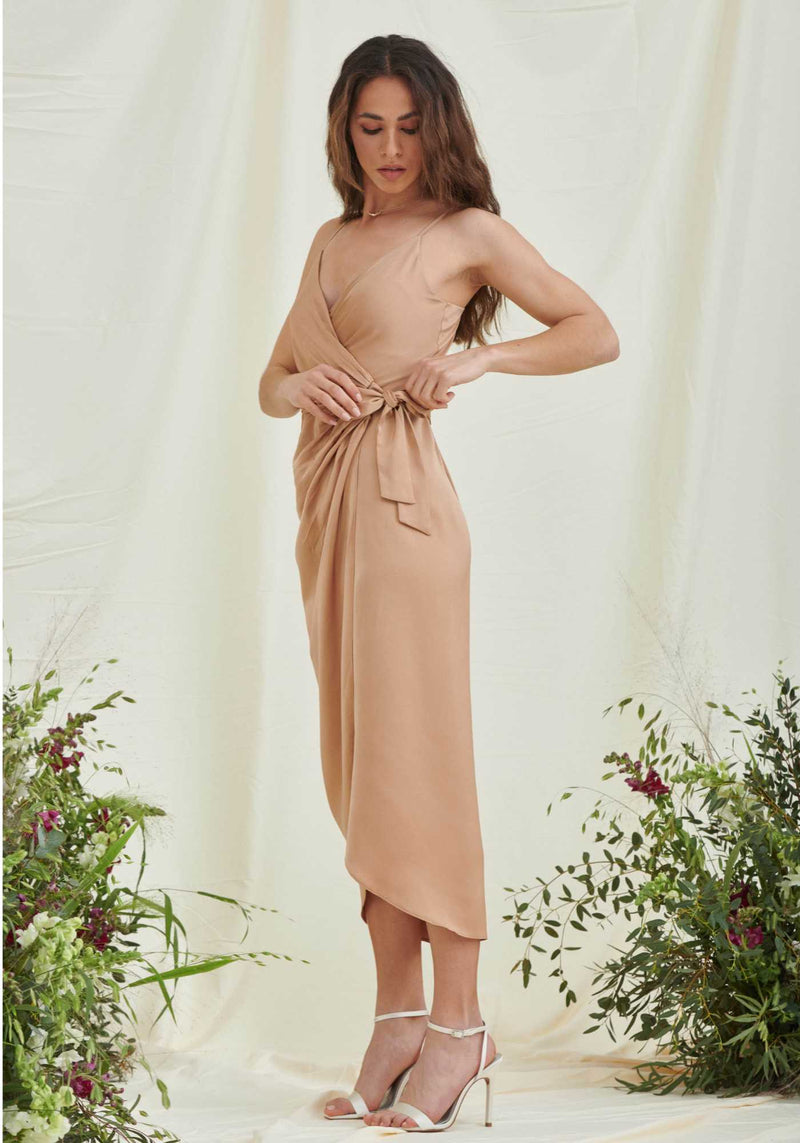 Tie Side Satin Cami Wrap Dress in Champagne | Luxe Collection | Liena UK
